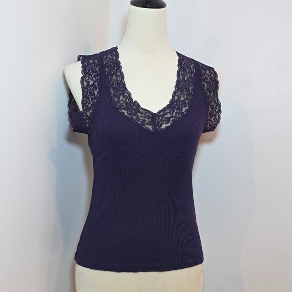 Lauren Ralph Lauren Purple Cotton Lace Trim Tank Top Size M Cami Fairy Coquette - Picture 1 of 6